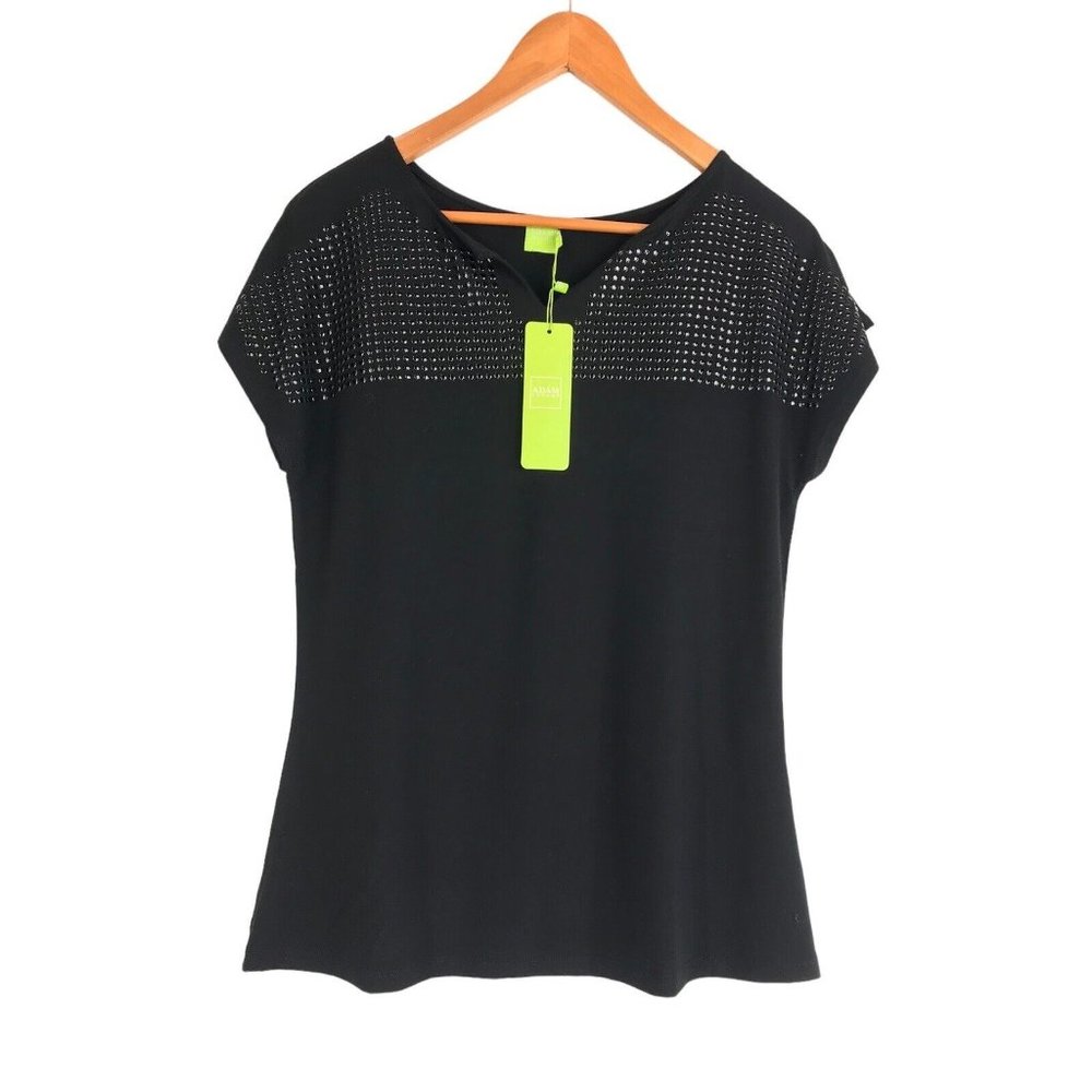 Adam Jacobs Shirt‎ Womens Size Medium M Black Short Sleeve Studded Stretch NEW